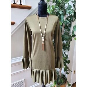 Myzen Women Green Solid Round Neck Long Sleeve Casual Knee Length Dress Size 44